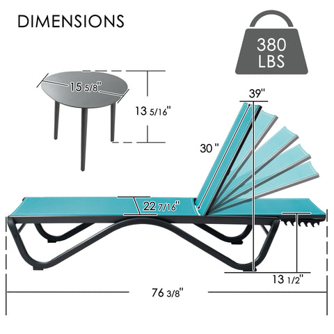 kozyard Outdoor Chaise Lounge Chair Set Dimensions, 380 lbs Weight Capacity, Matching Side Table Included, Adjustable Backrest, Textilene Fabric, Rust-Proof Aluminum Frame for Pool and Patio
