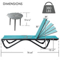 Kozyard Outdoor Chaise Lounge & Side Table Dimensions: 380 lbs weight capacity, metal-frame lounge (76 3/8" L) with adjustable recline positions, plus 15 5/8" round side table; durable fabric cushion & sturdy metal construction for patio/poolside use.

