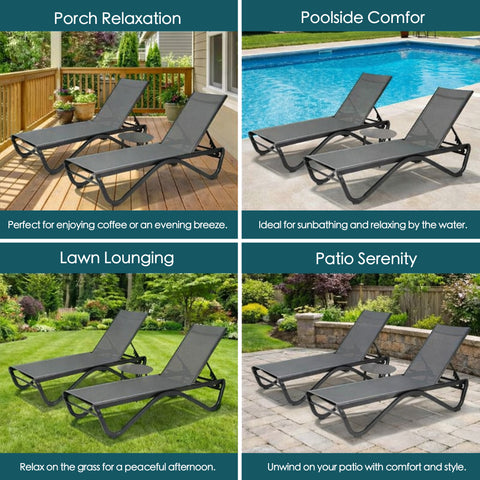 kozyard Outdoor Chaise Lounge Chairs, Versatile for Porch, Poolside, Lawn, Patio, Adjustable Backrest, Textilene Fabric, Rust-Proof Aluminum Frame
