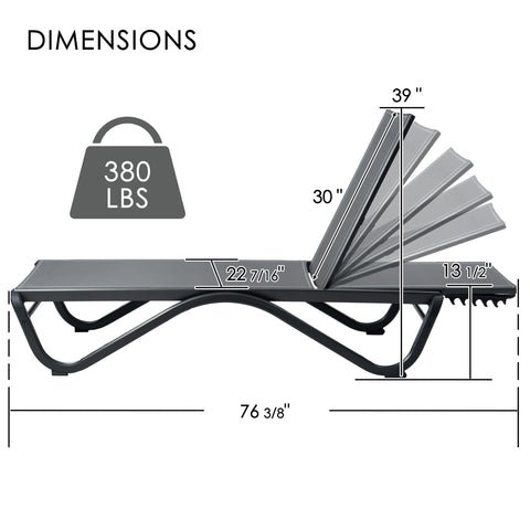 Kozyard Outdoor Reclining Chaise Lounge Dimensions: 380 lbs weight capacity, metal-frame outdoor lounge (76 3/8" L) with multiple adjustable recline positions; durable fabric cushion, sturdy metal construction ideal for patio, poolside relaxation.
