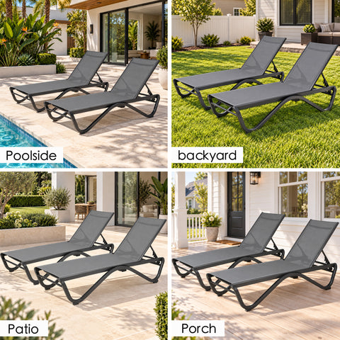 Kozyard outdoor chaise lounge chair for poolside, backyard, patio and porch relaxation, featuring an adjustable reclining backrest, breathable mesh fabric and durable weather-resistant frame. This modern patio lounge chair is ideal for sunbathing, pool deck seating, garden relaxation and outdoor living, combining comfortable support, stylish design and versatile placement for residential outdoor spaces.