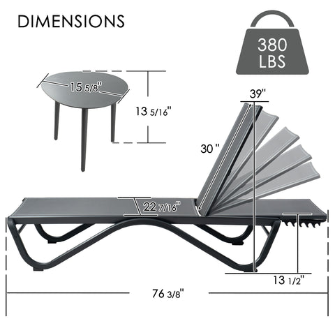 kozyard Outdoor Chaise Lounge Chair Set Dimensions, 380 lbs Weight Capacity, Matching Side Table Included, Adjustable Backrest, Textilene Fabric, Rust-Proof Aluminum Frame for Pool and Patio
