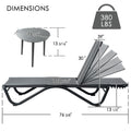 Kozyard Outdoor Chaise Lounge & Side Table Dimensions: 380 lbs weight capacity, metal-frame lounge (76 3/8" L) with adjustable recline positions, plus 15 5/8" round side table; durable fabric cushion & sturdy metal construction for patio/poolside use.
