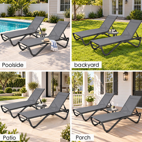 Kozyard outdoor chaise lounge chair for poolside, backyard, patio and porch relaxation, featuring an adjustable reclining backrest, breathable mesh fabric and durable weather-resistant frame. This modern patio lounge chair is ideal for sunbathing, pool deck seating, garden relaxation and outdoor living, combining comfortable support, stylish design and versatile placement for residential outdoor spaces.