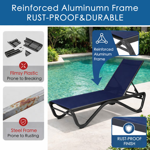 Kozyard Outdoor Chaise Lounge with Reinforced Rust-Proof Aluminum Frame Durable Textilene Fabric Patio Recliner Chair for Poolside Backyard & Patio Relaxation