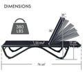 Kozyard Outdoor Reclining Chaise Lounge Dimensions: 380 lbs weight capacity, metal-frame outdoor lounge (76 3/8" L) with multiple adjustable recline positions; durable fabric cushion, sturdy metal construction ideal for patio, poolside relaxation.
