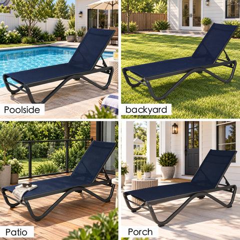 Kozyard outdoor chaise lounge chair for poolside, backyard, patio and porch relaxation, featuring an adjustable reclining backrest, breathable mesh fabric and durable weather-resistant frame. This modern patio lounge chair is ideal for sunbathing, pool deck seating, garden relaxation and outdoor living, combining comfortable support, stylish design and versatile placement for residential outdoor spaces.