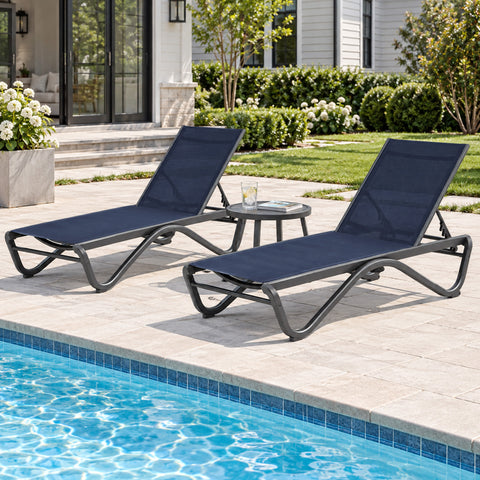 Kozyard pool lounge chairs bring resort-inspired comfort to patios and swimming pool areas with adjustable reclining backrests, breathable mesh fabric and durable weather-resistant frames. These outdoor chaise lounge chairs provide ergonomic support for sunbathing and relaxing, making them ideal patio furniture for pool decks, backyards, gardens, terraces, resorts and modern outdoor living spaces.