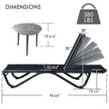 Kozyard Outdoor Chaise Lounge & Side Table Dimensions: 380 lbs weight capacity, metal-frame lounge (76 3/8" L) with adjustable recline positions, plus 15 5/8" round side table; durable fabric cushion & sturdy metal construction for patio/poolside use.
