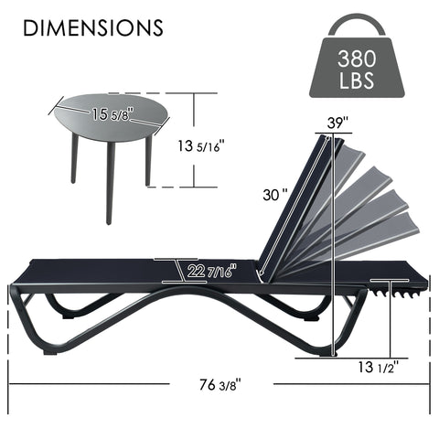 Kozyard Outdoor Chaise Lounge & Side Table Dimensions: 380 lbs weight capacity, metal-frame lounge (76 3/8" L) with adjustable recline positions, plus 15 5/8" round side table; durable fabric cushion & sturdy metal construction for patio/poolside use.
