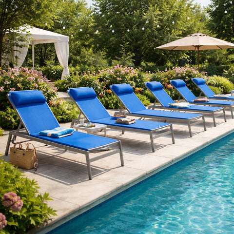 kozyard Set of 5 Outdoor Chaise Lounges, Poolside Patio Recliners with Removable Headrest Pillow, 5-Level Adjustable Backrest, Textilene Fabric & Aluminum Frame, Weather-Resistant for Backyard Gatherings

