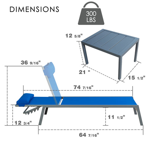 kozyard 3-Piece Outdoor Chaise Lounge Set, 76-Inch Recliner & Side Table, 320 LBS Weight Capacity, Adjustable Backrest, Textilene Fabric & Powder-Coated Aluminum Frame, Patio Furniture Dimensions Specs
