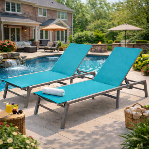 kozyard Set of 2 Foldable Outdoor Chaise Lounges, 6-Level Adjustable Backrests, 300 lbs Capacity Each, Rust-Proof Aluminum Frames, Weather-Resistant Fabric for Patio & Pool
