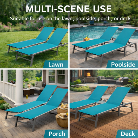 Kozyard Multi-Scene Outdoor Chaise Lounge – Adjustable Recline Patio Chair with 750g Waterproof Fabric & Metal Frame, Suitable for Lawn, Poolside, Porch & Deck Relaxation
