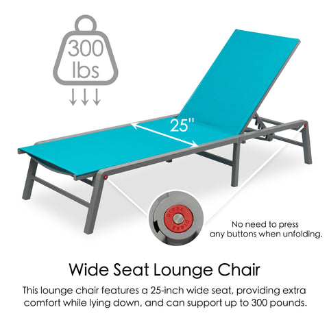 Sturdy Wide - Seat Lounge Chair
alt text：An image of a aqua blue lounge chair highlighting its 25 - inch wide seat, 300 - pound weight capacity, and easy - unfold design without the need to press buttons. Keywords: wide - seat lounge chair, 300 lbs capacity, easy unfold
