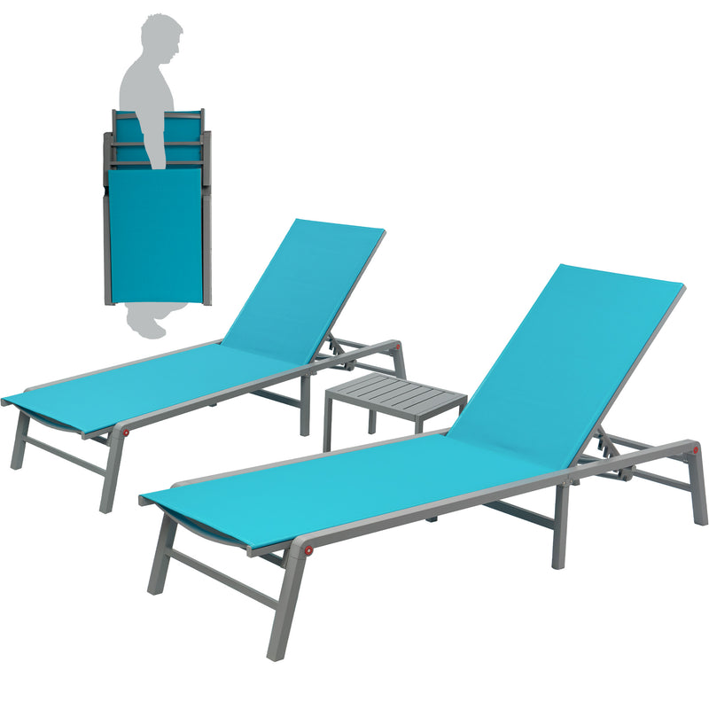 Stackable Blue Outdoor Lounge Chair Set
alt text：A set of stackable blue outdoor lounge chairs with a small side table, ideal for poolside or patio use. Keywords: stackable lounge chairs, blue outdoor furniture, side table
