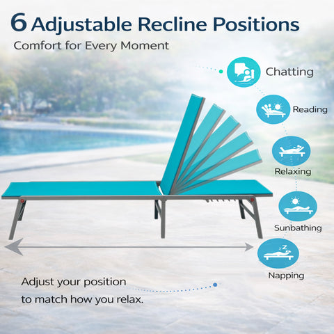Kozyard 6-Position Adjustable Outdoor Chaise Lounge – Reclining Patio Lounge Chair with 750g Waterproof Fabric & Metal Frame, Customizable Positions for Chatting, Reading, Sunbathing & Napping
