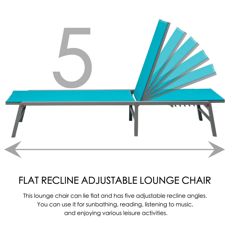 5 - Position Adjustable Flat Recline Lounge Chair
alt text：An illustration of a blue lounge chair that can lie flat and offers five adjustable recline angles, suitable for various leisure activities like sunbathing and reading. Keywords: adjustable lounge chair, flat recline, 5 positions