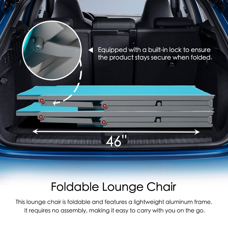 Convenient Foldable Lounge Chair
alt text：An image of a blue foldable lounge chair with a lightweight aluminum frame, fitting in a car trunk. It has a built - in lock for security when folded and requires no assembly. Keywords: foldable lounge chair, lightweight aluminum frame, no assembly
