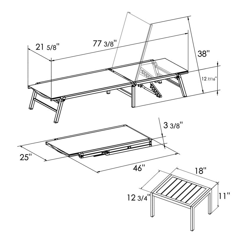 Dimensions of Foldable Lounge Chair and Side Table
alt text：A technical drawing showing the dimensions of a foldable lounge chair and a matching side table, with clear measurements labeled for each component. Keywords: foldable lounge chair, side table dimensions, technical drawing
