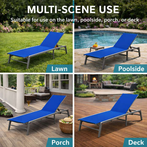 Kozyard Multi-Scene Outdoor Chaise Lounge – Adjustable Recline Patio Chair with 750g Waterproof Fabric & Metal Frame, Suitable for Lawn, Poolside, Porch & Deck Relaxation
