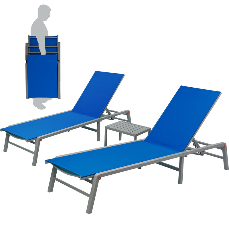 Stackable Blue Lounge Chair Set with Side Table
alt text：A set of stackable blue lounge chairs accompanied by a small side table, ideal for outdoor relaxation areas. Keywords: stackable lounge chairs, blue, side table
