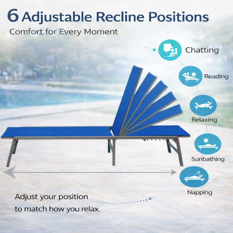 Kozyard 6-Position Adjustable Outdoor Chaise Lounge – Reclining Patio Lounge Chair with 750g Waterproof Fabric & Metal Frame, Customizable Positions for Chatting, Reading, Sunbathing & Napping
