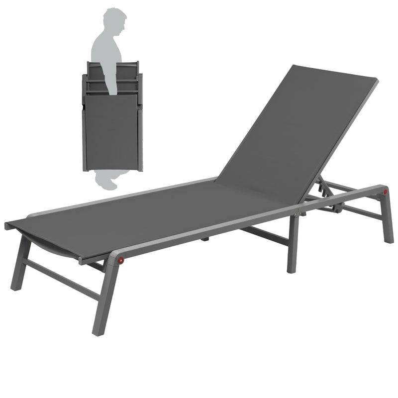 Sleek Foldable Gray Lounge Chair
alt text：A gray foldable lounge chair, demonstrating its foldable feature for easy storage and portability. Keywords: foldable lounge chair, gray, portable
