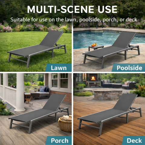 Kozyard Multi-Scene Outdoor Chaise Lounge – Adjustable Recline Patio Chair with 750g Waterproof Fabric & Metal Frame, Suitable for Lawn, Poolside, Porch & Deck Relaxation
