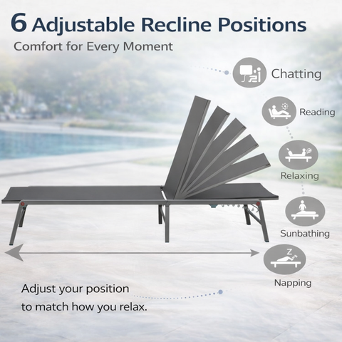 Kozyard 6-Position Adjustable Outdoor Chaise Lounge – Reclining Patio Lounge Chair with 750g Waterproof Fabric & Metal Frame, Customizable Positions for Chatting, Reading, Sunbathing & Napping
