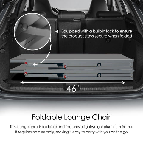 Convenient Foldable Lounge Chair
alt text：An image of a gray foldable lounge chair with a lightweight aluminum frame, fitting in a car trunk. It has a built - in lock for security when folded and requires no assembly. Keywords: foldable lounge chair, lightweight aluminum frame, no assembly