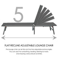 5 - Position Adjustable Flat Recline Lounge Chair
alt text：An illustration of a gray lounge chair that can lie flat and offers five adjustable recline angles, suitable for various leisure activities like sunbathing and reading. Keywords: adjustable lounge chair, flat recline, 5 positions