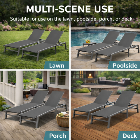 Kozyard Multi-Scene Outdoor Chaise Lounge – Adjustable Recline Patio Chair with 750g Waterproof Fabric & Metal Frame, Suitable for Lawn, Poolside, Porch & Deck Relaxation
