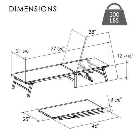 Kozyard Foldable Metal Bed Frame Dimensions Diagram: 300 lbs weight capacity, foldable design with measurements (77 3/8" length, 21 5/8" width, 12 7/16" height); compact folded size (46" x 25" x 3 3/8")—sturdy metal construction for portable bedding solutions.
