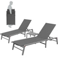 Stackable Gray Lounge Chair Set with Side Table
alt text：A set of stackable gray lounge chairs accompanied by a small side table, highlighting their foldable design for convenient storage and portability. Keywords: stackable lounge chairs, gray, side table, foldable

