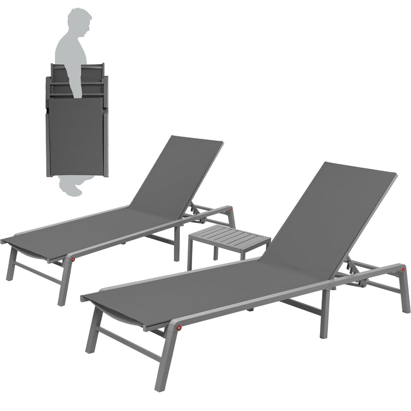 Stackable Gray Lounge Chair Set with Side Table
alt text：A set of stackable gray lounge chairs accompanied by a small side table, highlighting their foldable design for convenient storage and portability. Keywords: stackable lounge chairs, gray, side table, foldable
