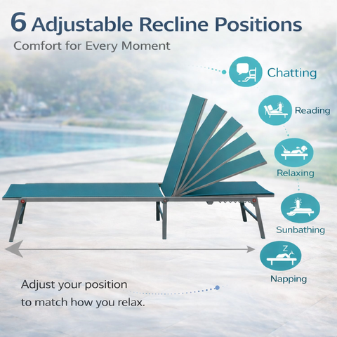 Kozyard 6-Position Adjustable Outdoor Chaise Lounge – Reclining Patio Lounge Chair with 750g Waterproof Fabric & Metal Frame, Customizable Positions for Chatting, Reading, Sunbathing & Napping
