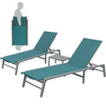 Stackable Teal Lounge Chair Set with Side Table
alt text：A set of stackable teal lounge chairs accompanied by a small side table, showcasing their foldable design for easy storage and portability. Keywords: stackable lounge chairs, teal, side table, foldable