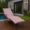 A foldable lounge chair with striking blue and white striped cushions is placed beside a pool, overlooking the sea. The chair comes with a convenient side cup - holder, perfect for relaxing by the water.Foldable Lounge Chair with Blue - White Striped Cushions by the Poolside. foldable lounge chair, blue and white striped cushions, poolside chair, side cup - holder, seaside relaxation.