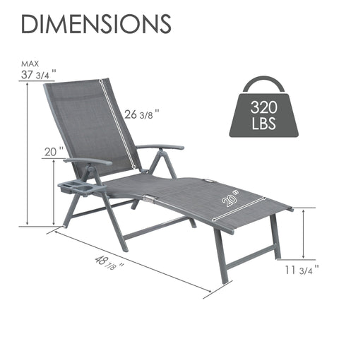Kozyard Outdoor Chaise Lounge: 320 lbs weight capacity, adjustable recline design with built-in cup holder; durable textilene fabric & sturdy metal frame (37 3/4" H × 48 7/8" L)—ideal for patio, poolside or backyard relaxation.