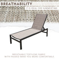 A beige outdoor lounge chair with a black frame is featured. The text "BREATHABILITY IT IS IDEAL FOR SUMMERTIME." is displayed above, and "BREATHABLE TEXTILENE FABRIC WITH PADDED MAKE YOU MORE COMFORTABLE" below. A close - up pattern of the breathable fabric is in the background, emphasizing the chair's comfort - enhancing feature. Beige Outdoor Lounge Chair: Breathable Comfort for Summer.beige outdoor lounge chair, breathable Textilene fabric, summer lounge chair, comfortable outdoor seating.