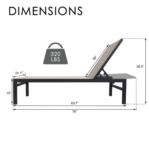 Kozyard Adjustable Outdoor Chaise Lounge Dimensions: 320 lbs weight capacity, 76" L metal-frame lounge with reclining backrest; durable textilene fabric, sturdy metal construction ideal for outdoor patio, deck, or poolside seating.
