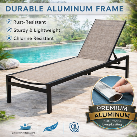 Kozyard outdoor chaise lounge - built with premium aluminum frame that’s rust-resistant, lightweight yet sturdy (enhanced by superb welding), paired with durable fabric for reliable outdoor furniture.
