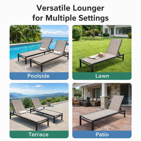 Kozyard versatile outdoor chaise lounge - suitable for multiple settings (poolside, lawn, terrace, patio), offering adjustable recline, made with durable textilene fabric and lightweight aluminum frame.
