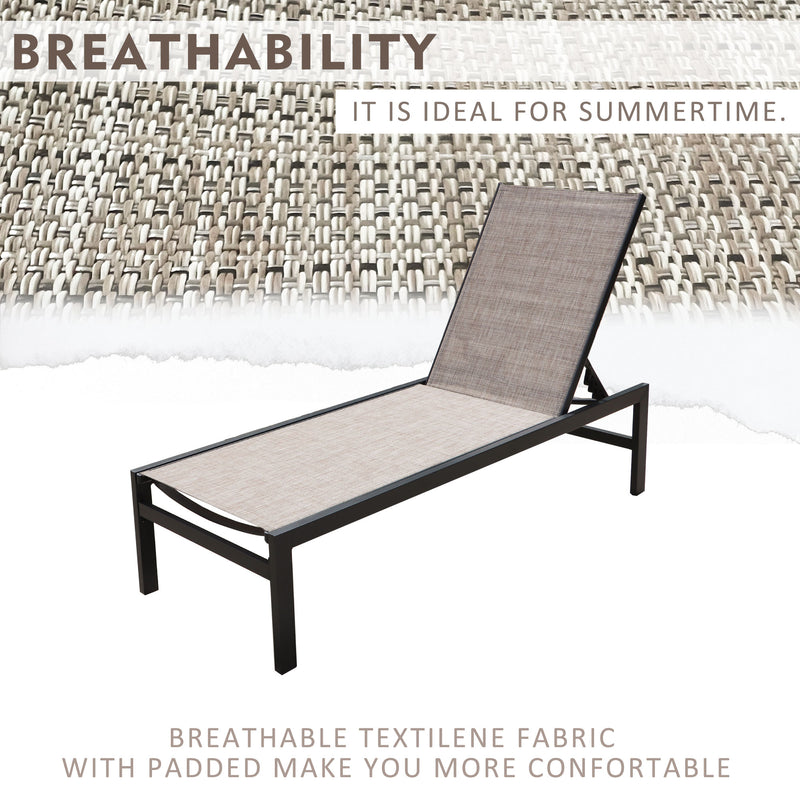 A beige outdoor lounge chair with a black frame is featured. The text "BREATHABILITY IT IS IDEAL FOR SUMMERTIME." is displayed above, and "BREATHABLE TEXTILENE FABRIC WITH PADDED MAKE YOU MORE COMFORTABLE" below. A close - up pattern of the breathable fabric is in the background, emphasizing the chair's comfort - enhancing feature. Beige Outdoor Lounge Chair: Breathable Comfort for Summer.beige outdoor lounge chair, breathable Textilene fabric, summer lounge chair, comfortable outdoor seating.