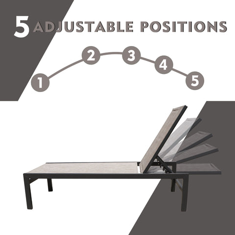 A beige outdoor lounge chair with a black frame is shown, highlighting its feature of "5 ADJUSTABLE POSITIONS." The visual includes a numbered arc from 1 to 5 above the chair, indicating the different reclining angles available.Beige Outdoor Lounge Chair with 5 Adjustable Positions. beige outdoor lounge chair, 5 adjustable positions, reclining lounge chair, outdoor relaxation furniture.