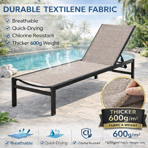 Kozyard outdoor chaise lounge - constructed with durable 600g textilene fabric that’s breathable, quick-drying & chlorine-resistant, paired with a sturdy frame, ideal for long-lasting outdoor use.
