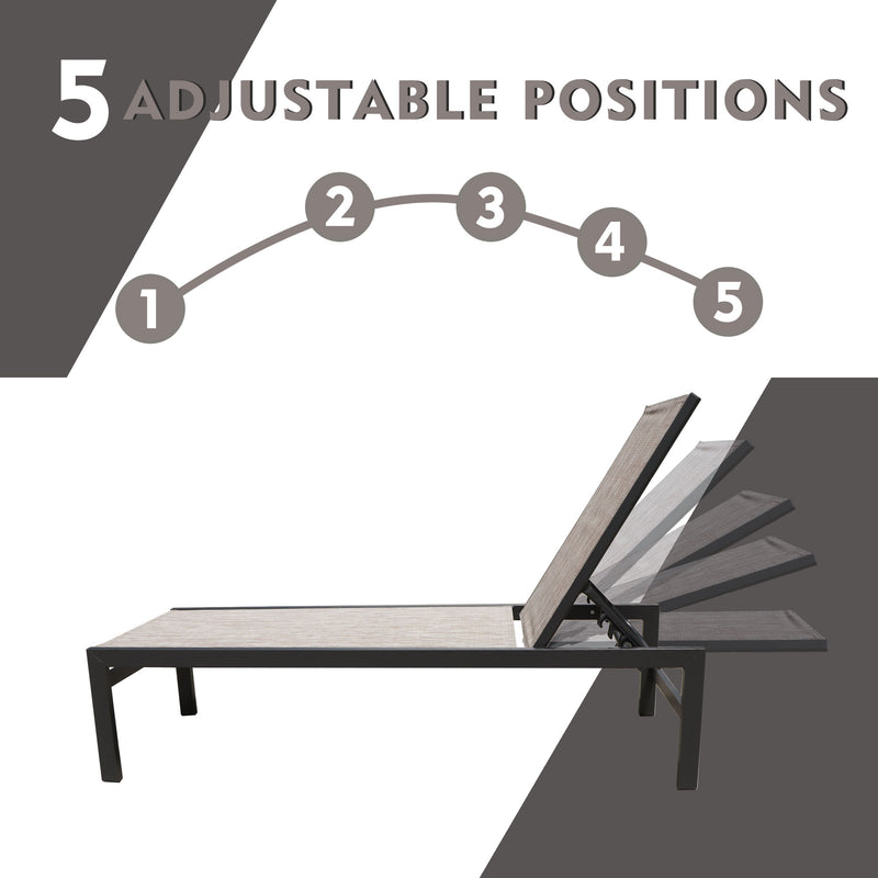 A beige outdoor lounge chair with a black frame is shown, highlighting its feature of "5 ADJUSTABLE POSITIONS." The visual includes a numbered arc from 1 to 5 above the chair, indicating the different reclining angles available.Beige Outdoor Lounge Chair with 5 Adjustable Positions. beige outdoor lounge chair, 5 adjustable positions, reclining lounge chair, outdoor relaxation furniture.