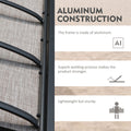 A close - up image showcases the frame of a beige outdoor lounge chair, emphasizing its aluminum construction. The text "ALUMINUM CONSTRUCTION" is prominently displayed, with bullet points stating "The frame is made of aluminum," "Superb welding process makes the product stronger," and "Lightweight but sturdy."Beige Outdoor Lounge Chair: Aluminum - Built for Strength and Lightness. beige outdoor lounge chair, aluminum construction, sturdy lounge chair, lightweight furniture, high - quality welding