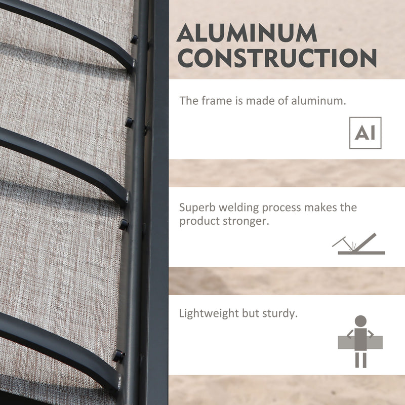 A close - up image showcases the frame of a beige outdoor lounge chair, emphasizing its aluminum construction. The text "ALUMINUM CONSTRUCTION" is prominently displayed, with bullet points stating "The frame is made of aluminum," "Superb welding process makes the product stronger," and "Lightweight but sturdy."Beige Outdoor Lounge Chair: Aluminum - Built for Strength and Lightness. beige outdoor lounge chair, aluminum construction, sturdy lounge chair, lightweight furniture, high - quality welding